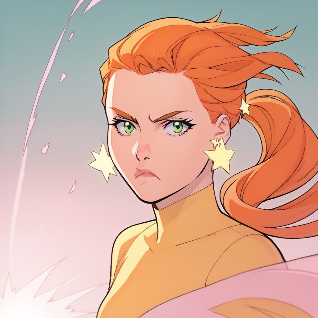 star earrings, solo, green eyes, 1girl, orange hair, frown, ponytail, wind, pink light, illustration