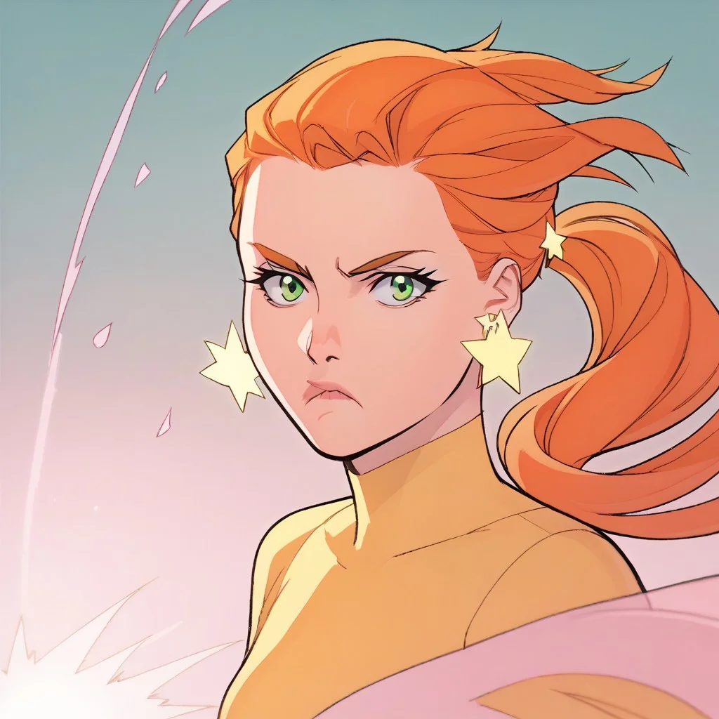 star earrings, solo, green eyes, 1girl, orange hair, frown, ponytail, wind, pink light, illustration