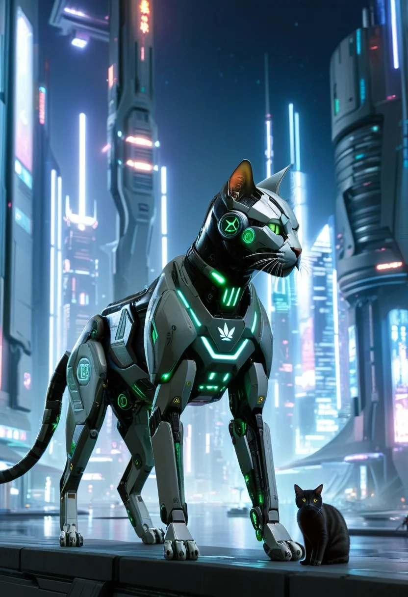 Masterpiece, High Details, High Quality, animal Cyborg, cat, futuristic, futuristic buildings, night, cyberpunk aesthetics