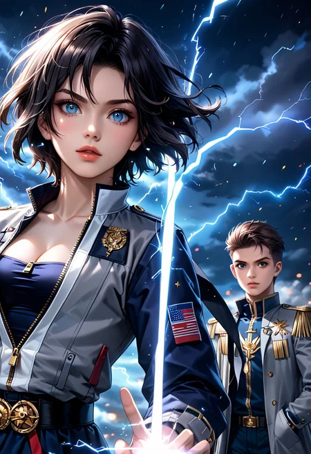 (best quality, masterpiece:1.2) art, best quality, russian boy, zipper, male portrait, gray coat, vintage clothes, young guy, proud look, short blond hair, portrait, two girls in short dresses, cleavage, complex urban background, dynamic pose, action scene, <laura:add_detail:0.1>, arrogance, (eye contact), blue lightning, lighting effects, highest detail, floating particles, ancient runes, white energy, mana, epic atmosphere, <lora:kVoidEnergy-000001:0.5> Energy V0id3, art