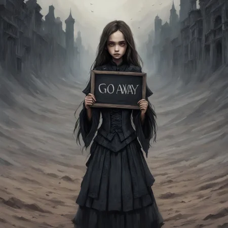 (((Ultra detailed, Megapixel)))
1girl, (((holding out a sign with number "GO*AWAY))), by charlie bowater and dan mumford and trevor Brown, hands, terror, gloomy, dark, blank face, no face, wasteland background, no mouth, no eyes, long hair
