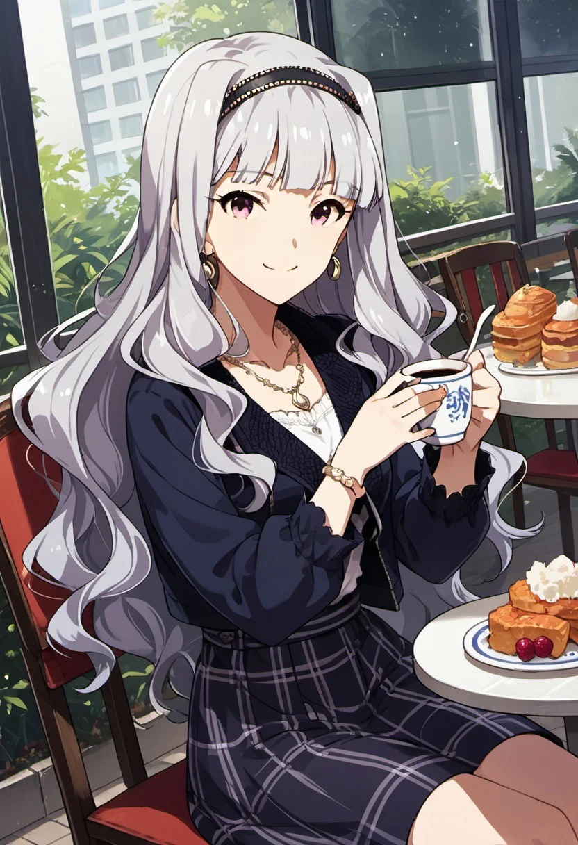 score_9, score_8_up, score_7_up, source_anime,shijou takane, long hair, grey hair, purple eyes, 1girl, jewelry, food, solo, necklace, earrings, smile, skirt, hairband, sitting, cup, chair