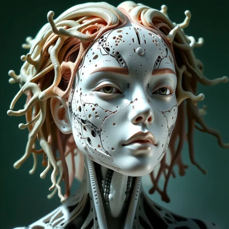 breathtaking Feast your eyes upon this astonishingly lifelike sculpture of a synthetic coral girl, whose organic form has been expertly molded to mimic the complex structure of a neural network. Devoid of hair, her mechanical visage boasts an unsettling yet captivating pattern of trypophobic indentations, drawing the viewer in with a magnetic pull. Crafted from lustrous white porcelain, her flawless skin reflects the soft glow of natural lighting, casting intricate shadows that reveal the staggering level of detail contained within. Boasting razor-sharp focus and hyperrealistic textures, this masterwork pushes the limits of photorealism to previously unexplored heights. Every minute crease and fold has been meticulously reproduced, resulting in an incredibly lifelike representation that seems almost poised to spring forth from the screen. Shot using top-of-the-line DSLR equipment capable of recording in 8K UHD and HDR, this ultra-detailed image possesses a breathtaking clarity and depth rarely achieved in digital media. . award-winning, professional, highly detailed <lora:flux/Realism 2>, <lora:fantasy_portrait_by_cosmic>,