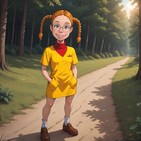 score_9, score_8, BREAK, solo, Eliza_Thornberry_(Wild_Thornberrys), orange hair, twintails, braid, braided twintails, freckles, glasses, pink lips, thick lips, buck teeth, braces, yellow dress with red pockets, red turtleneck shirt, white socks, brown shoes, self portrait, smile, looking at viewer, outdoors, sunlight, shadows, evening lighting, natural lighting, forest, trees, grass, orange sky, sunset