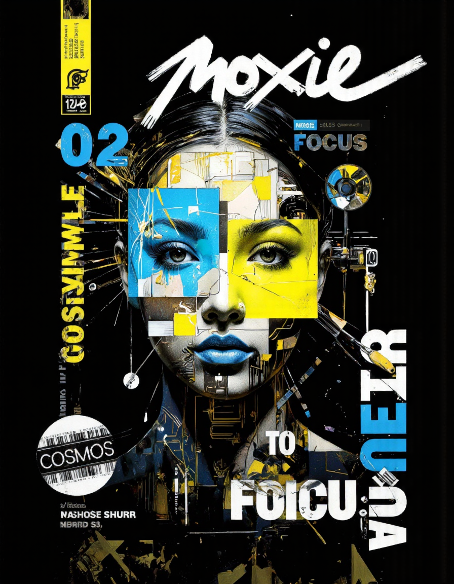 By Tom Nulens. This is a digitally created, high-resolution image of a striking, futuristic portrait. The subject is a woman with a dark complexion and slicked-back black hair. Her face is adorned with a complex, abstract pattern in bright yellow and blue tones, resembling a futuristic, cybernetic design. The face is a collage of geometric shapes, lines, and circuitry patterns, with a prominent blue square covering her left eye and a yellow square covering her right eye.
The woman's lips are painted a vivid blue, complementing her blue eye. Her expression is intense, with a direct gaze that seems to pierce through the image. The background is a deep black, making the vibrant colors of the face and the surrounding elements stand out sharply.
Text and labels are superimposed over the image. At the top left, there is a stylized, white, graffiti-like text that reads "Moxie." Below this, in a yellow box, is the number "02," followed by "Focus" in bold white letters. Additional text in white and blue includes details like "Moxie's" name, a barcode, and the word "COSMOS" in a circular design at the bottom left. The overall style is highly stylized, blending elements of digital art <lora:Tom_Nulens:1>