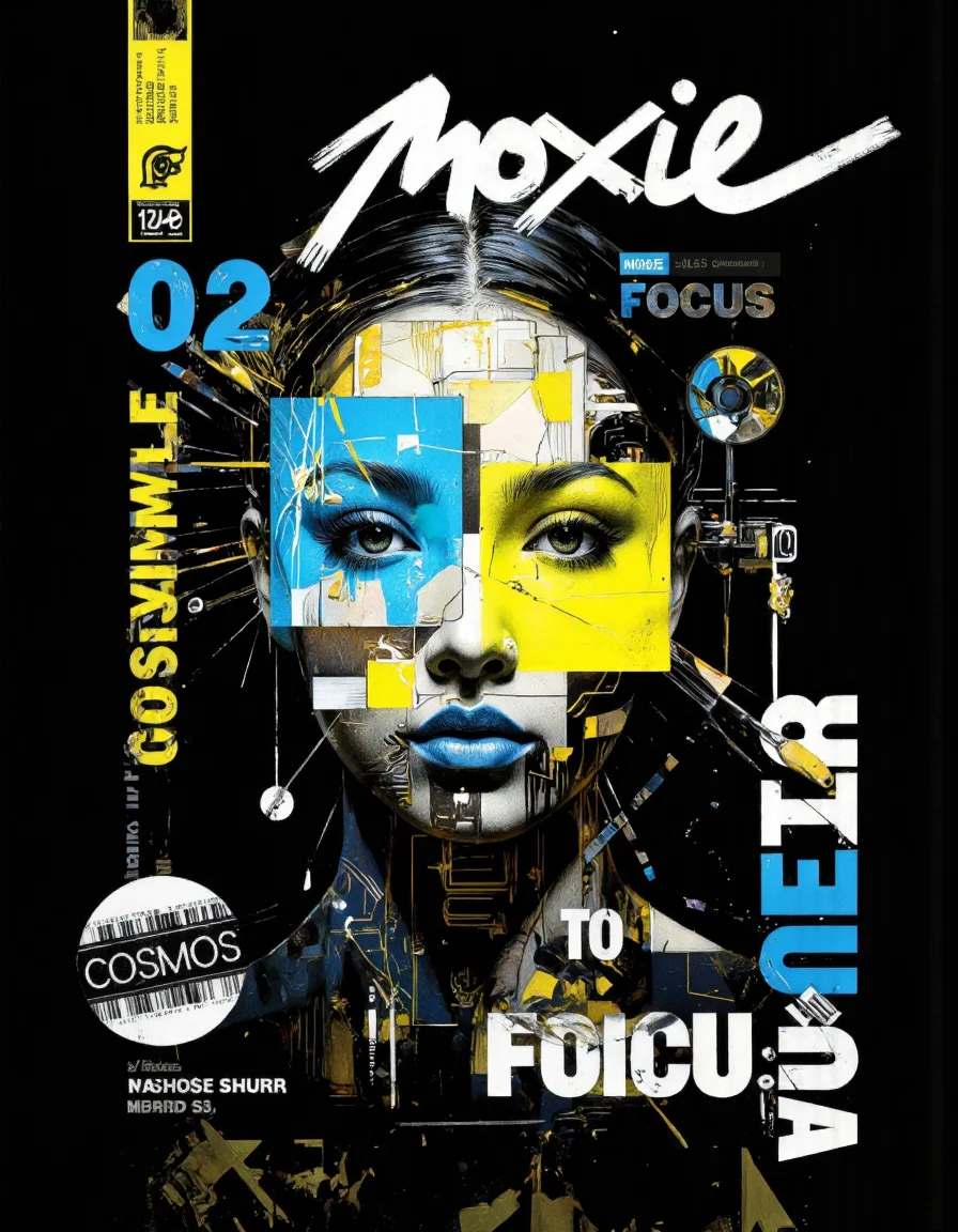 By Tom Nulens. This is a digitally created, high-resolution image of a striking, futuristic portrait. The subject is a woman with a dark complexion and slicked-back black hair. Her face is adorned with a complex, abstract pattern in bright yellow and blue tones, resembling a futuristic, cybernetic design. The face is a collage of geometric shapes, lines, and circuitry patterns, with a prominent blue square covering her left eye and a yellow square covering her right eye.
The woman's lips are painted a vivid blue, complementing her blue eye. Her expression is intense, with a direct gaze that seems to pierce through the image. The background is a deep black, making the vibrant colors of the face and the surrounding elements stand out sharply.
Text and labels are superimposed over the image. At the top left, there is a stylized, white, graffiti-like text that reads "Moxie." Below this, in a yellow box, is the number "02," followed by "Focus" in bold white letters. Additional text in white and blue includes details like "Moxie's" name, a barcode, and the word "COSMOS" in a circular design at the bottom left. The overall style is highly stylized, blending elements of digital art <lora:Tom_Nulens:1>