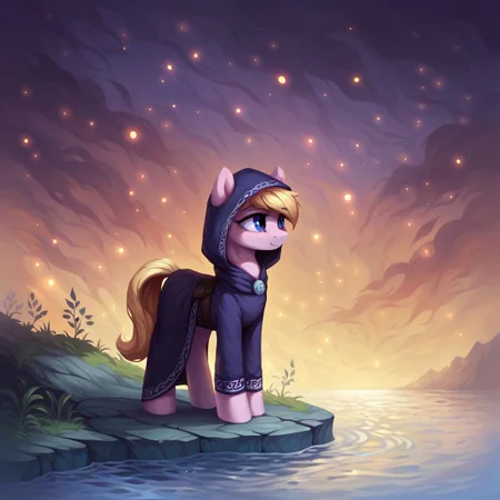 masterpiece, score_9_up, score_8_up, score_7_up, (best quality:1.1), ultra-detailed, high resolution, solo, full body, Eathelin, pony, mlp, feral, mare, female, midnight blue eyes, short blonde mane, water monk's robe, dark hood, standing near sacred spring, controlling water streams, glowing particles in the air, water bending in intricate patterns, light blue glow, calm and serene expression, mystical atmosphere, magical water reflections, outside, outdoors, spruce forest in the background, sharp focus, anatomically correct, detailed background