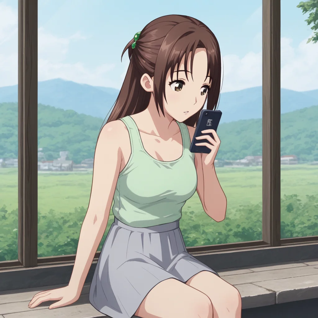 white shirt, mobile phone, firm breasts, parted lips, outdoors, clavical, sitting, brown hair, half_updo, 1female, green tanktop, grey skirt, hair ornament, window