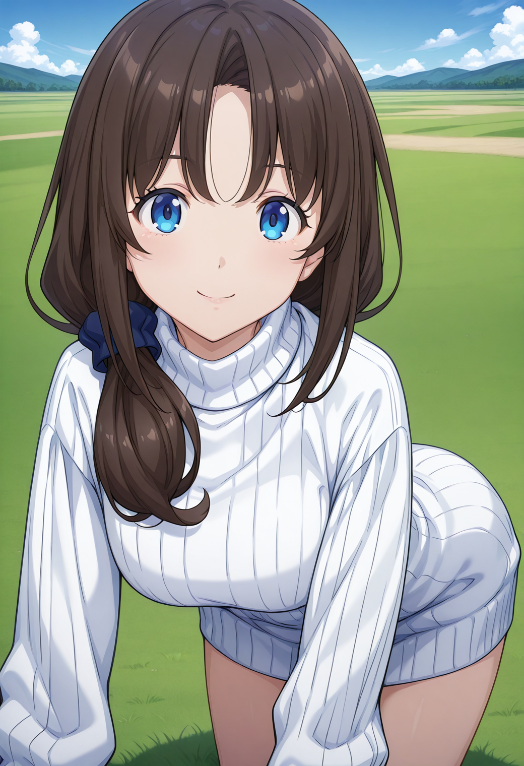 tantei1_ayumi, blue eyes, brown hair, long hair, hair scrunchie, sweater dress, ribbed sweater, turtleneck, long sleeves, <lora:tantei1_ayumi_illustrious_ver1:0.8> 
smile,, masterpiece, best quality, sensitive,, 1girl, solo, blue sky, (grasslands:1.2), looking at viewer,, (dynamic pose:1.4),
