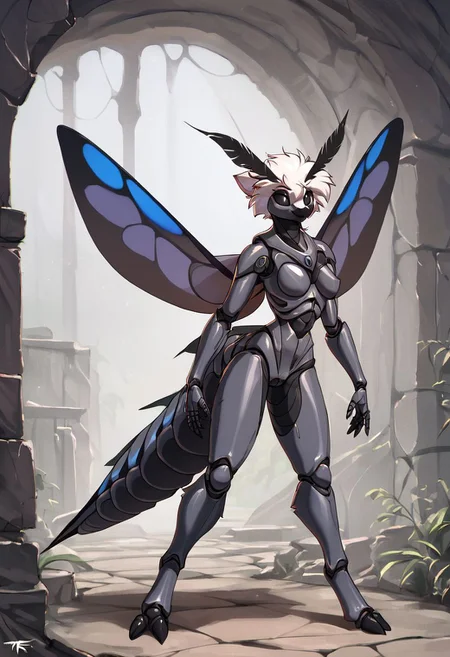 score_9, score_8_up, score_7_up, score_6_up, score_5_up, score_4_up,
source_furry, rating_explicit,
solo, female,
brown and white body, fur, grey fur, fluffy, furred body,
short hair, white hair,
anthro,
arthropod, insect, arthropod abdomen, black eyes, exoskeleton, joints
moth, lepidopteran, lepidopteran wings,
4 wings, multi wing, wings,
2 antennae, antennae anatomy,
2 toes, toes, feet, digitigrade,
4 arms, 5 fingers, fingers, multi arm,
smile, pose,
ruins, magic,
detailed background, digital art, hi res, detailed, fantasy art,
Vintage, 1990s \(style\), 90s4n1m3, retro artstyle