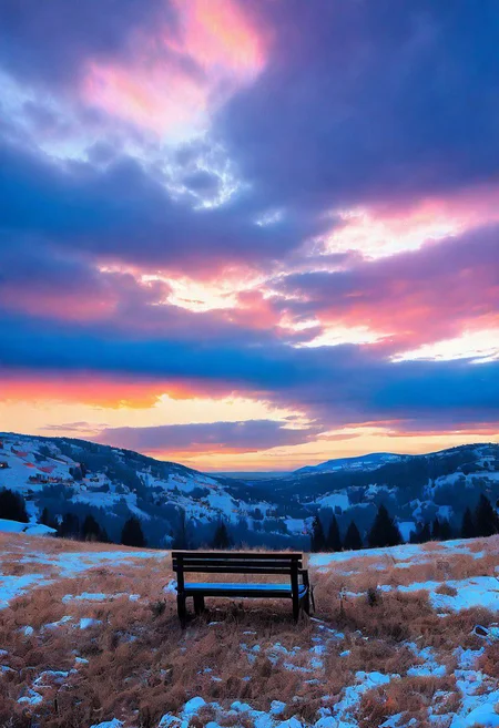 a bench sitting on top of a snow covered field, a picture, romanticism, sunset in a valley, orange and blue colors, carpathian mountains, (((colorful clouds:1.5))), vista of a city at sunset, sunset photo, distant mountains lights photo <lora:xl_more_art-full_v1:0.25>, Film Still, Movie Still, DEVIL SPAWN
