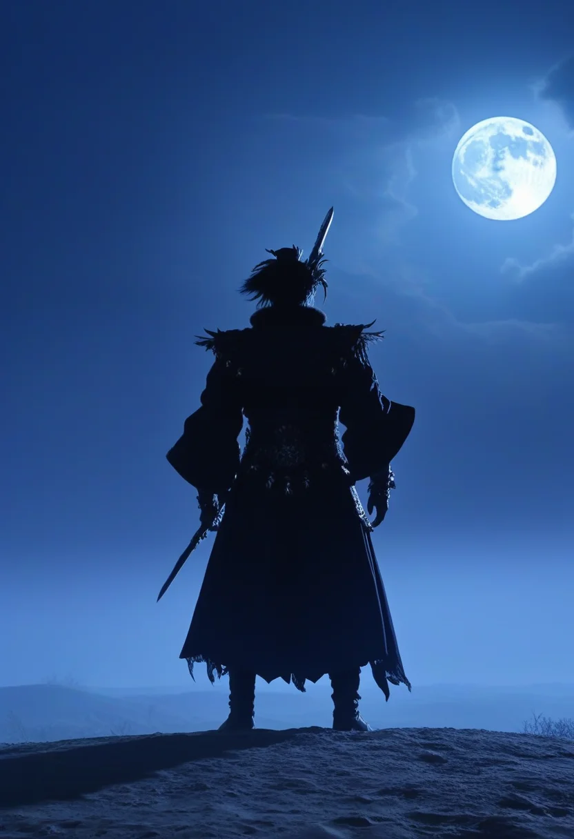 masterpiece,best quality,amazing quality,thunderboltfantasy, man, silhouette, full moon, from behind