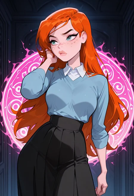 ((screencap, cartoon)) , masterpiece, best quality, amazing quality, very aesthetic, absurdres, newest,
ovgwen, orange hair, 1girl, freckles,, lips
long hair, flowing hair, blue shirt, white collar, black skirt, long sleeves,
pink magic discs