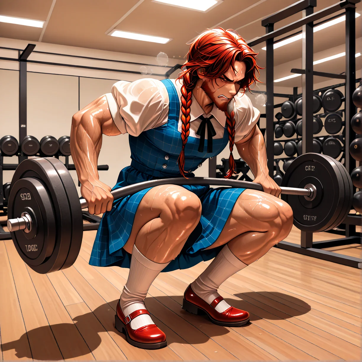 masterpiece, best quality, absurdres,
WSwolethy, scowl, strained, sweating, breathing_heavy, brown_beard, barbell squats, holding barbell,
gainz socks, gainz shoes, blue dress, gainz shirt, barbell,
from front, wide shot,
gym, wooden floor, weights,