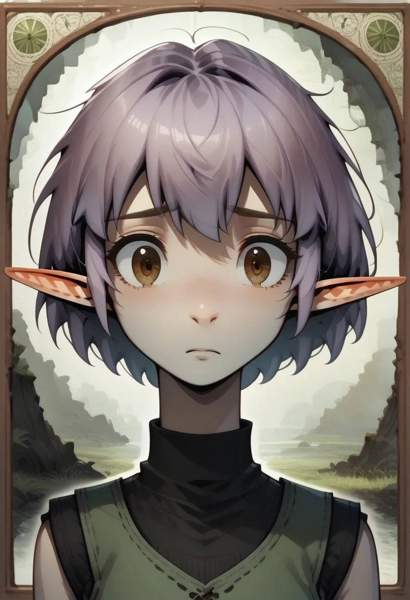 Parnea, 1 person, solo, pointy ears, short hair, hazel eyes, lilac hair, green vest, black undershirt, turtleneck collar,
Frowning, worried,
organic cavern background,
Medieval style, 
Smooth colors, clean lines, high quality, best quality, masterpiece, 3/4 view, score: 9, score: 8 up, rating: safe, source: semi-realistic,