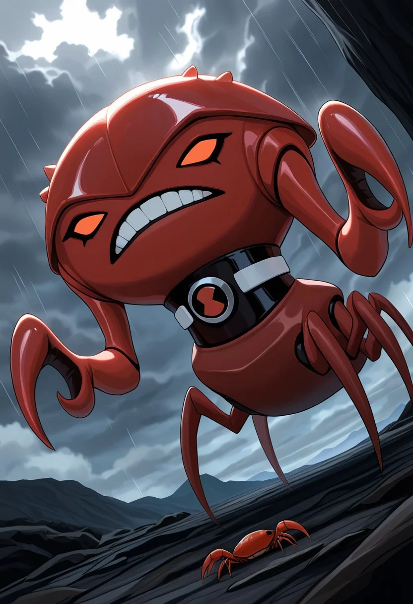 masterpiece, best quality, amazing quality, very aesthetic, absurdres, newest,
brainstorm, solo, teeth, no humans, pokemon (creature), , clenched teeth, crab, crab claws, , , collar,, full body, spider legs, lobster claws, chela,
massive crab claws, massive lobster claws, smile, tilted angle, rainsy night, gloomy sky, greay sky, heavy clouds,