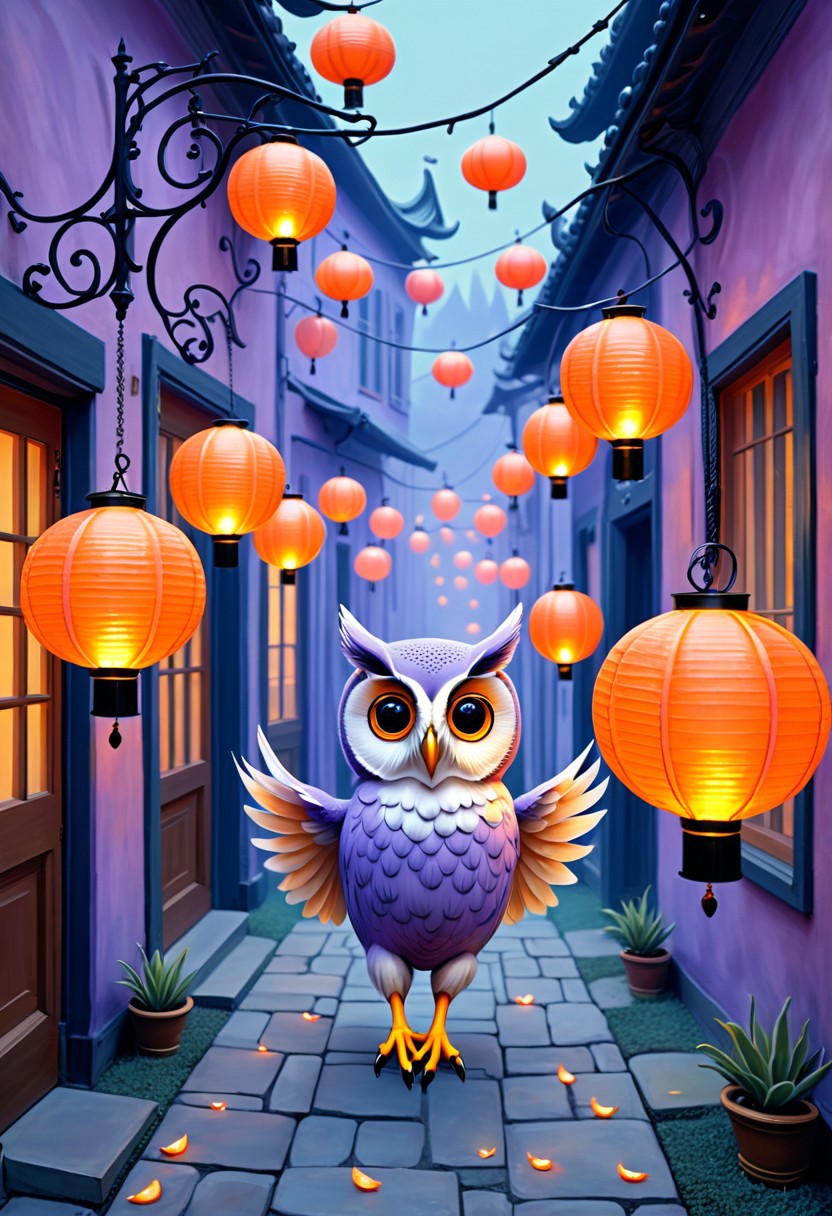 Manga A lavender owl in suspenders guides a troupe of firefly dancers through coral mist, their path lit by bobbing orange lanterns shaped like fruit., impressionist brushwork, soft pastel tones, theatrical lighting, classical composition, exaggerated anatomy, satirical portraiture, uncanny beauty, baroque domestic scenes, elegant poses with grotesque features, vintage interior settings, expressive faces, voyeuristic perspective, stylized realism, surreal proportions, painterly texture