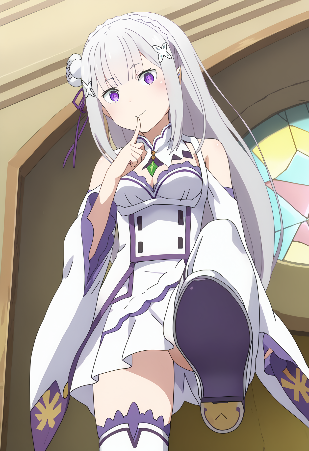 score_9, score_8_up, score_7_up, source_anime, 
BREAK
<lora:shiStepV1:1>,
stepdef, from below, standing on one leg, stepped on, white thighhighs, thigh boots, shoe soles,
1girl, solo, anime screencap, anime coloring,  
<lora:shiEmiliaV2:1.0> shimilia, long hair, grey hair, purple eyes, pointy ears, crown braid, hair flower, hair ribbon, purple ribbon, x hair ornament, white dress, cleavage, bare shoulders, wide sleeves, 
looking at viewer, head tilt, confused, finger to mouth, smile,