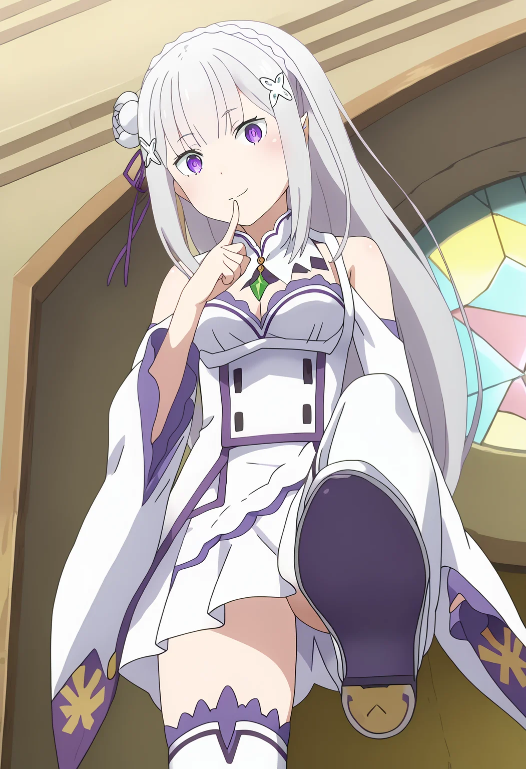 score_9, score_8_up, score_7_up, source_anime,
BREAK
<lora:shiStepV1:1>,
stepdef, from below, standing on one leg, stepped on, white thighhighs, thigh boots, shoe soles,
1girl, solo, anime screencap, anime coloring,
<lora:shiEmiliaV2:1.0> shimilia, long hair, grey hair, purple eyes, pointy ears, crown braid, hair flower, hair ribbon, purple ribbon, x hair ornament, white dress, cleavage, bare shoulders, wide sleeves,
looking at viewer, head tilt, confused, finger to mouth, smile,