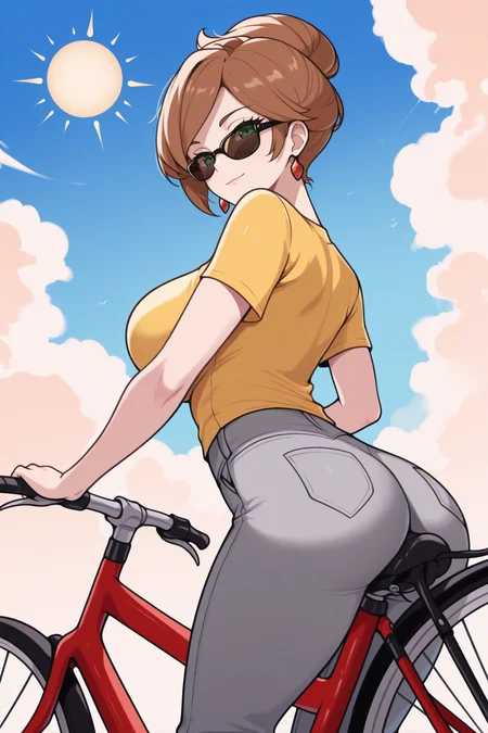 masterpiece, best quality, 1girl, solo, <lora:juniper-illu-nvwls-v1-000006:1> jnipr, brown hair, single hair bun, short hair, green eyes, large breasts, earrings, yellow t-shirt, grey pants, sunglasses, looking at viewer, sun, blue sky, bicycle, light smile
