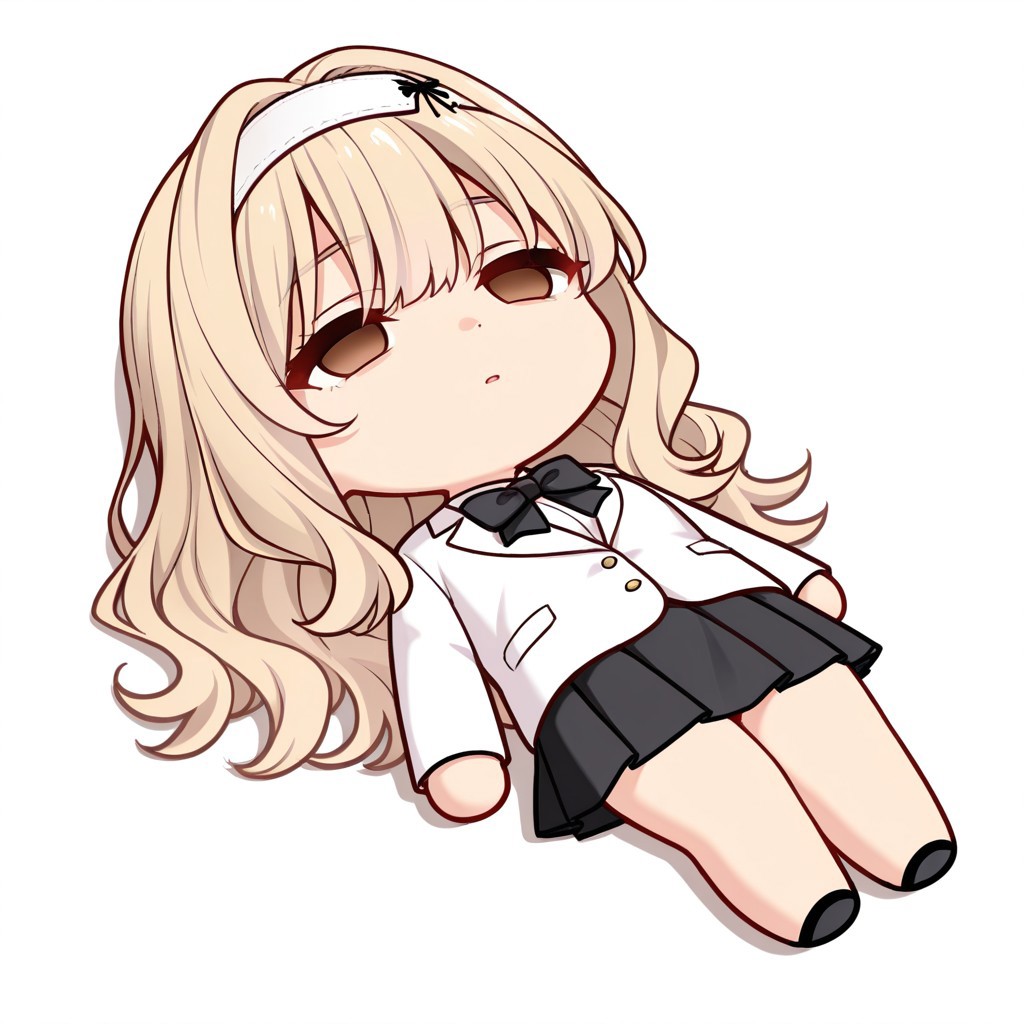 masterpiece, best quality, newest, chibi, full body, lying, on back, empty eyes, solo, 1girl, simple background, white background, KijiHyou, brown eyes, blonde hair, long hair, white hairband, wavy hair, White jacket, white inner shirt, black skirt, pleated skirt, black bowtie