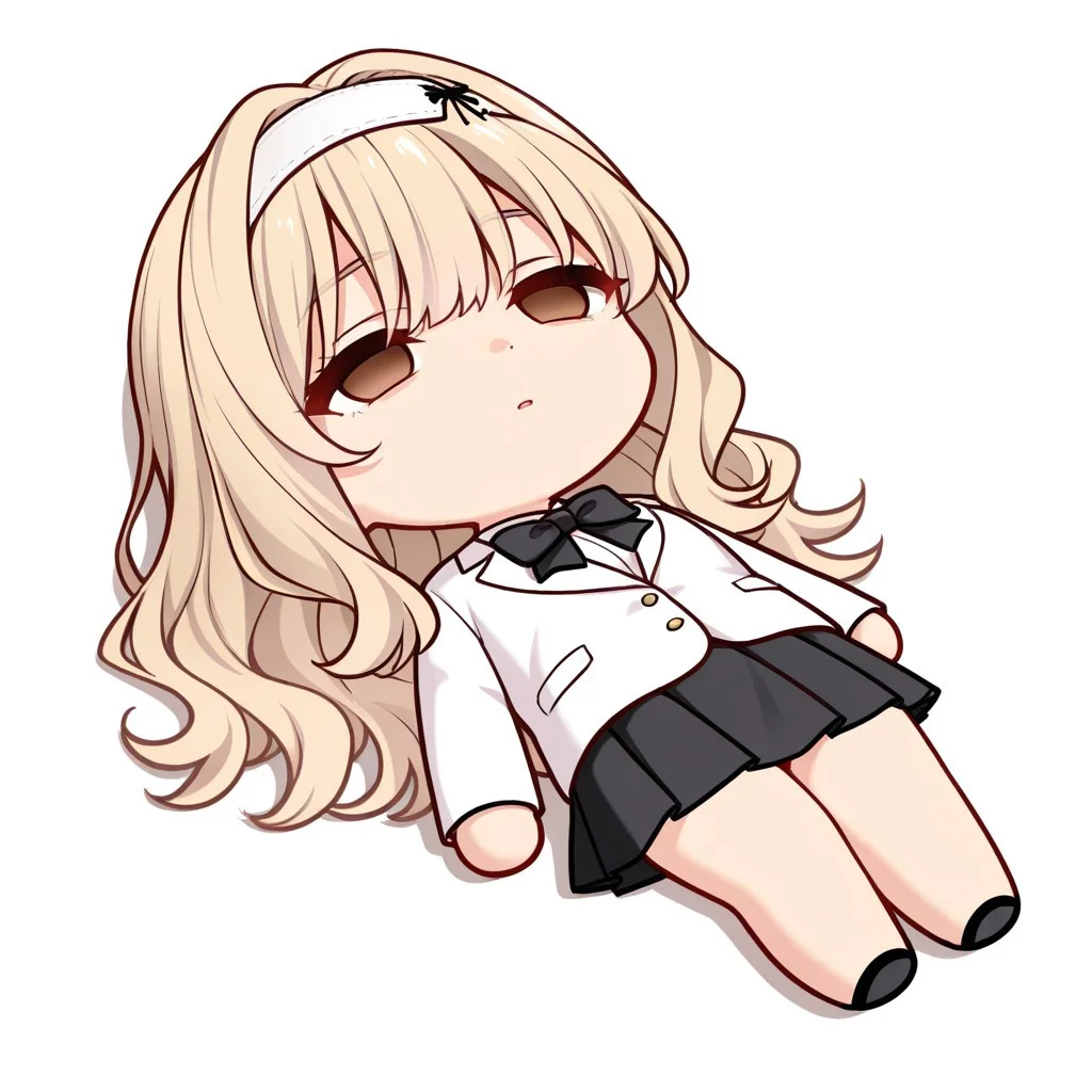 masterpiece, best quality, newest, chibi, full body, lying, on back, empty eyes, solo, 1girl, simple background, white background, KijiHyou, brown eyes, blonde hair, long hair, white hairband, wavy hair, White jacket, white inner shirt, black skirt, pleated skirt, black bowtie