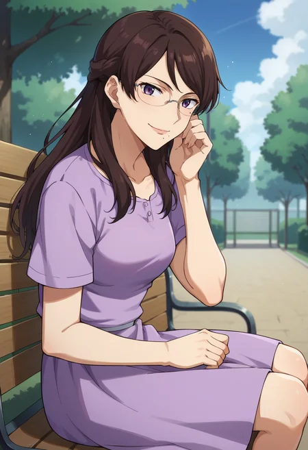 score_9,score_8_up,score_7_up,score_6_up,score_5_up,score_4_up,anime coloring BREAK source_anime,anime,<lora:Kati_Mannequin_Gundam_00_Pony:0.7>,kati,1girl,solo,purple eyes,brown hair,long hair,mole under mouth,glasses,purple dress,short sleeves,sitting,smile,outdoors,arm_support,park,bench,looking_at_viewer,from_side,