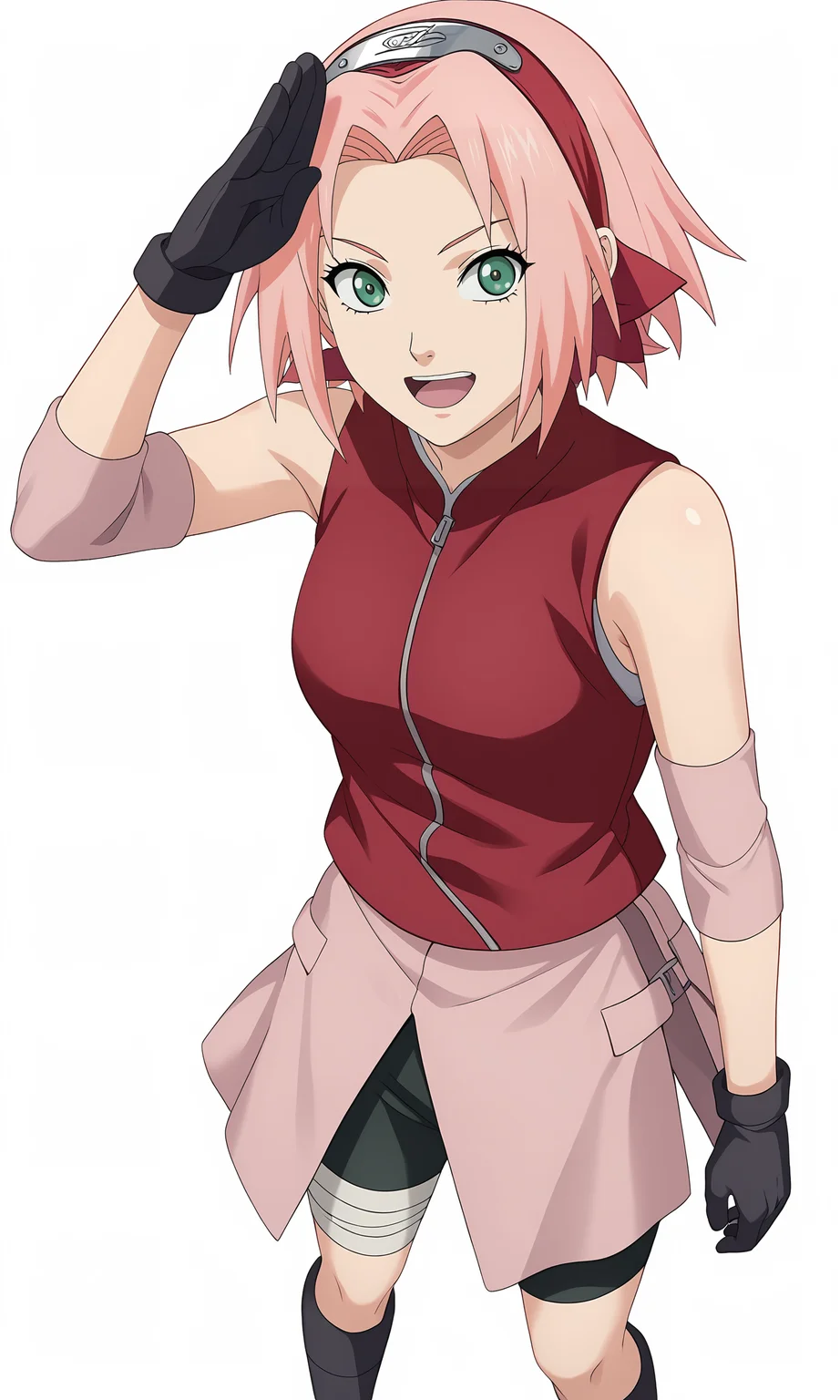 score_9, score_8_up, score_7_up, game cg,
pov, from above, salute,
harunosakura, 1girl, pink hair, green eyes, short hair, black gloves, elbow pads, sleeveless shirt, looking at viewer, pink skirt, forehead protector, bandaged leg, black shorts, konohagakure symbol, red shirt, haruno sakura,
blush, smile, open mouth,
simple background, white background,
<lora:Sakura_PXL:0.9>