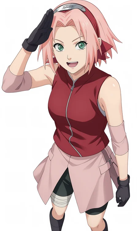 score_9, score_8_up, score_7_up, game cg,
pov, from above, salute,
harunosakura, 1girl, pink hair, green eyes, short hair, black gloves, elbow pads, sleeveless shirt, looking at viewer, pink skirt, forehead protector, bandaged leg, black shorts, konohagakure symbol, red shirt, haruno sakura,
blush, smile, open mouth,
simple background, white background,
<lora:Sakura_PXL:0.9>