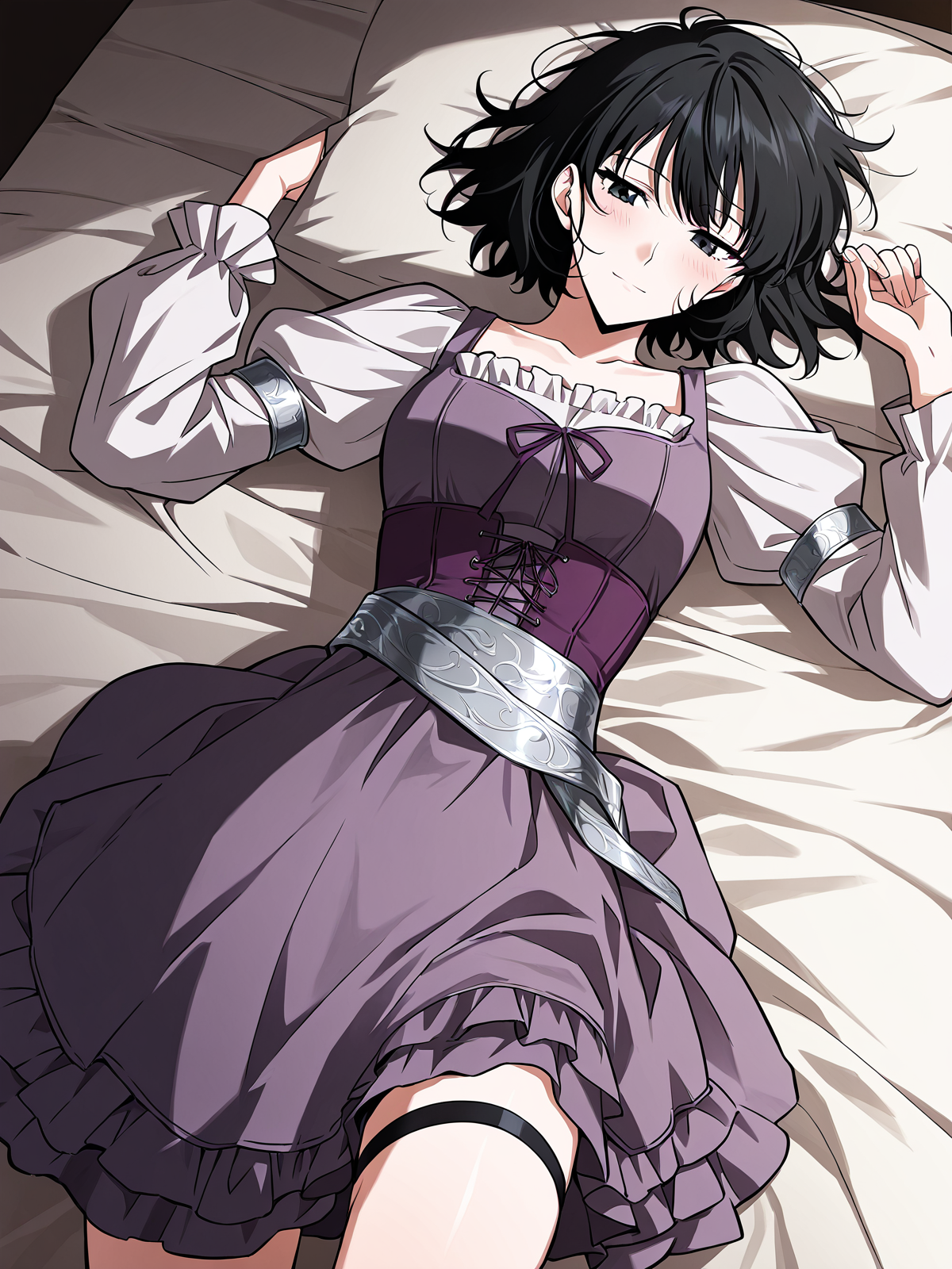 <lora:Omniscient Reader's Viewpoint _ Han Sooyoung_epoch_7:1>
1 girl, solo, short hair, messy hair, black hair, black eyes, 
purple corset dress, white puff sleeve blouse, decorative silver waist sash, layered skirt, sleeveless overdress, long sleeve underblouse, black thigh strap, medieval style outfit,
score_9, score_8_up, score_7_up, score_6_up, source_anime, masterpiece, best quality, top-down view, a beautiful woman lying on a bed, relaxed pose, long flowing hair spread on the pillow, soft lighting, cozy bedroom, gentle expression, elegant nightgown, delicate sheets, natural shadows, serene atmosphere, slight perspective distortion from above