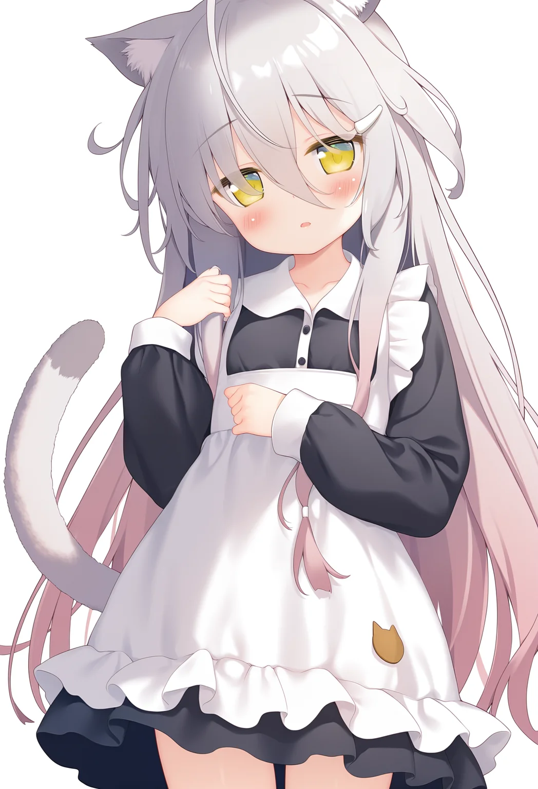 kuro \(sakura moyu\),
(kedama milk:0.3),(chen bin:0.3),
1girl,solo,long hair,
long hair,cat ears,cat tail,yellow eyes,grey hair,hair,gradient hair,
parted lips,blush,
maid,maid apron,black dress,
cowboy shot,
white background,simple background,
masterpiece,best quality,very aesthetic,highres,absurdres,sensitive,
<lora:kuro_noobai_ep100_v1.1-000007:1>,