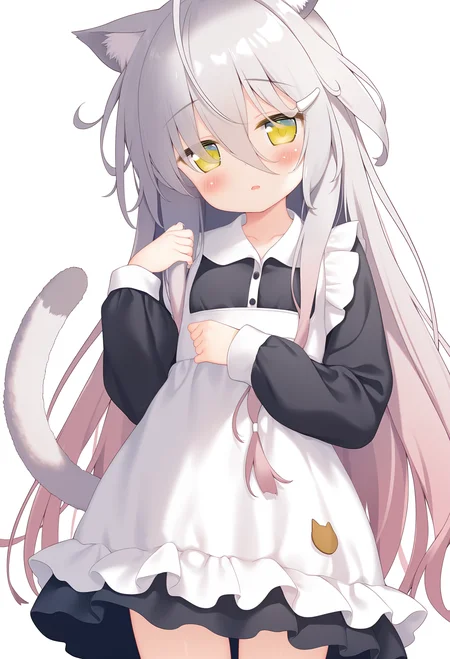kuro \(sakura moyu\),
(kedama milk:0.3),(chen bin:0.3),
1girl,solo,long hair,
long hair,cat ears,cat tail,yellow eyes,grey hair,hair,gradient hair,
parted lips,blush,
maid,maid apron,black dress,
cowboy shot,
white background,simple background,
masterpiece,best quality,very aesthetic,highres,absurdres,sensitive,
<lora:kuro_noobai_ep100_v1.1-000007:1>,