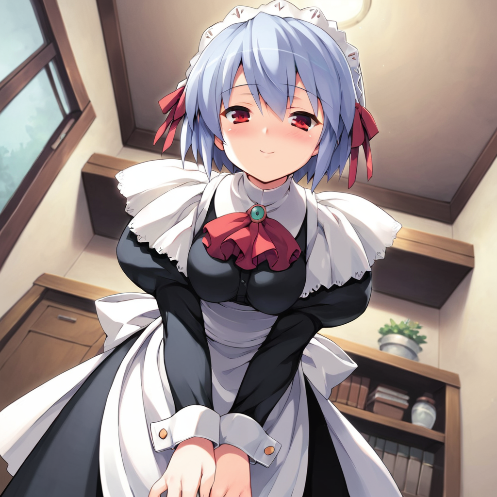 score_9, score_8_up, score_7_up, BREAK source_anime,  best quality, masterpiece, uncensored, 1girl, <lora:yuki_pony:0.9> yuki, blue hair, short hair, red eyes, maid headdress, hair ribbon, maid, dress, apron, puffy sleeves, juliet sleeves, ascot,leaning forward,(from below, POV),v arms,bedroom