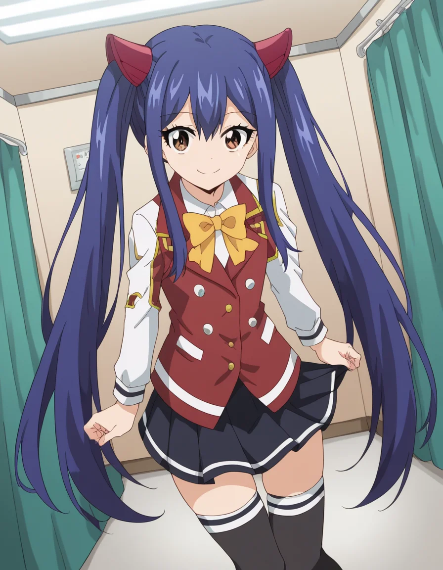 score_9, score_8_up, score_7_up, source_anime, <lora:wendy-marvell-100yq-ponyxl-lora-nochekaiser:1>, wendy marvell, long hair, hair ornament, ribbon, hair between eyes, twintails, brown eyes, very long hair, blue hair,, skirt, thighhighs, bow, ribbon, pleated skirt, black thighhighs, bowtie, black skirt, zettai ryouiki, yellow bow, yellow ribbon, hospital room, bedside, get well flowers, comforting, quiet, , looking at viewer, smile, solo,, dutch angle,