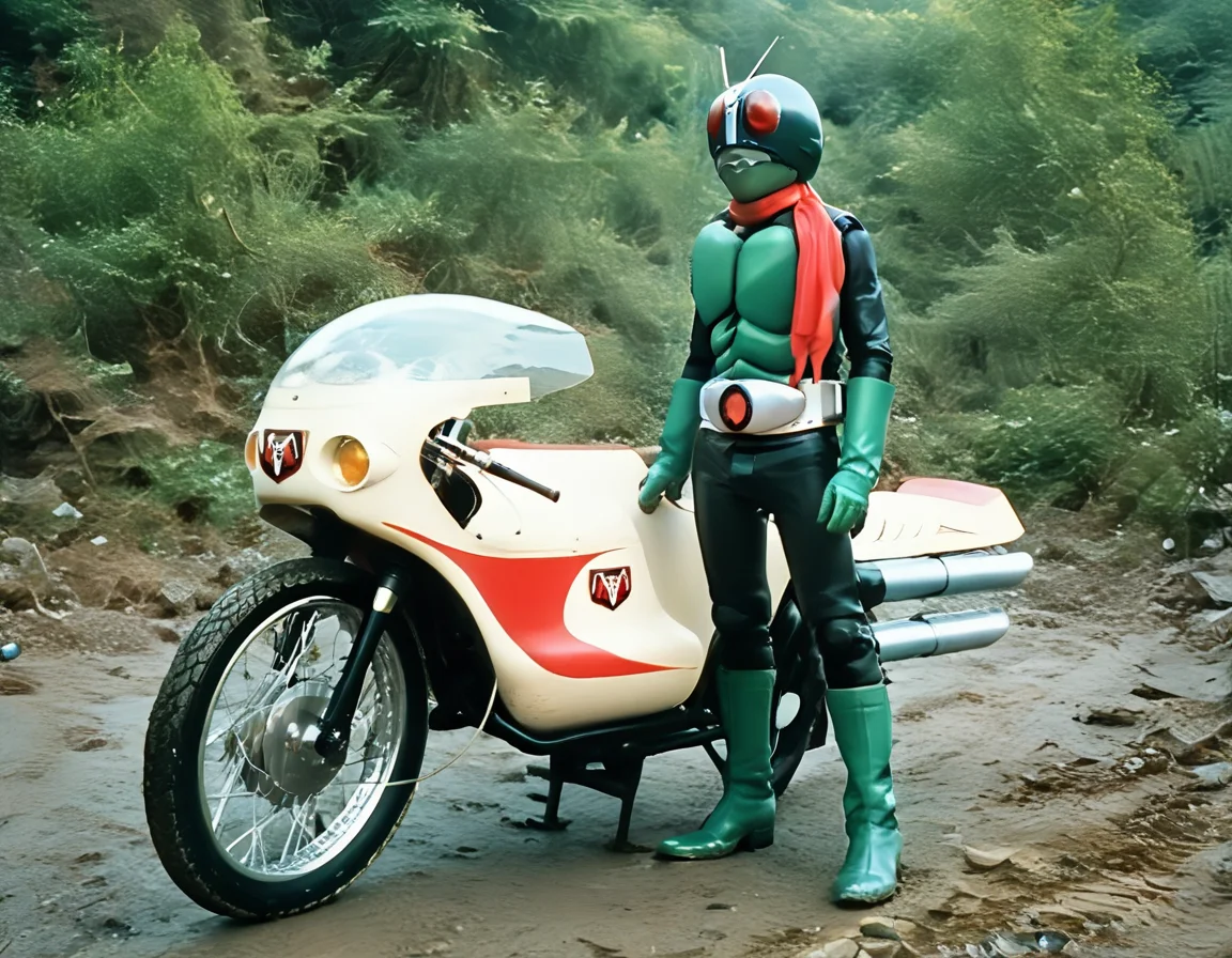 score_9, score_8_up, score_7_up, source_real, realistic, photorealistic, BREAK, <lora:BDpony_Cyclone1_KamenRider1_V1-22590:1> <lora:detailed_notrigger:1> <lora:zy_Detailed_Backgrounds_v1:1>
Cyclone1_KamenRider1, motor vehicle, 1boy, motorcycle, male focus, scarf, red scarf, antennae, solo, boots, green footwear, gloves, helmet, standing, red eyes, tokusatsu, green gloves, tire, Mountain, Forest