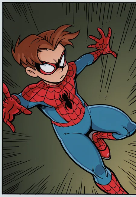 1boy, solo, Spiderboy, Bodysuit, Red Bodysuit, Blue Bodysuit, Domino Mask, White Eyes, No Pupils, Peter, Brown Hair,
extremely detailed, highres, masterpiece, best quality, border, solo, fleetway-elson, dynamic angle,