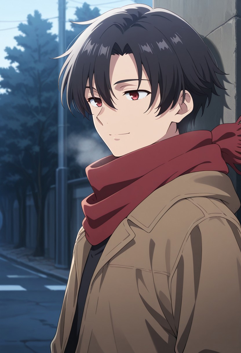 masterpiece,best quality,amazing quality, source_anime, 
ShineiNouzen, 1boy, male focus, solo, red eyes, black hair, scarf, red scarf, light smile, outdoor,