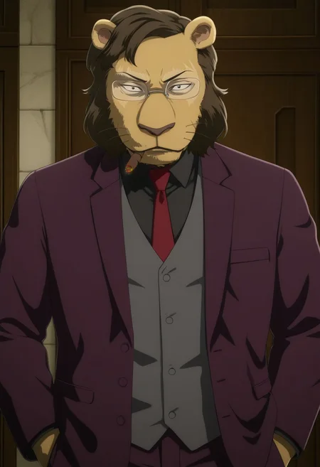 high quality, detailed, ChiefLion, mature male, anthro, lion, tan yellow fur, dark brown mane, brown hair, short mane, black eyes, animal ears, beastars, athletic build, glasses, white patches on eyes, dark grayish purple suit, black collared shirt, red necktie, gray vest, looking at viewer, indoors, office, half-body, smoking a cigar, standing