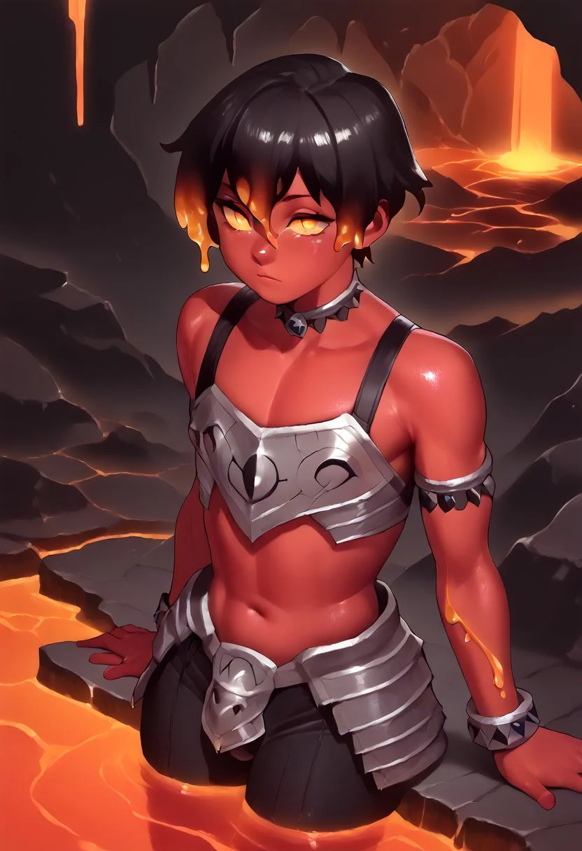 score_9, score_8_up, score_7_up, score_6_up, slime boy, femboy, twink, 1boy, solo, red skin, lava skin, androgynous, beautiful face, slime hair, short hair, beautiful eyes, expressive eyes, cave scenario, volcano scenario, black stone choker, black stone bracelets, black stone ligh armor