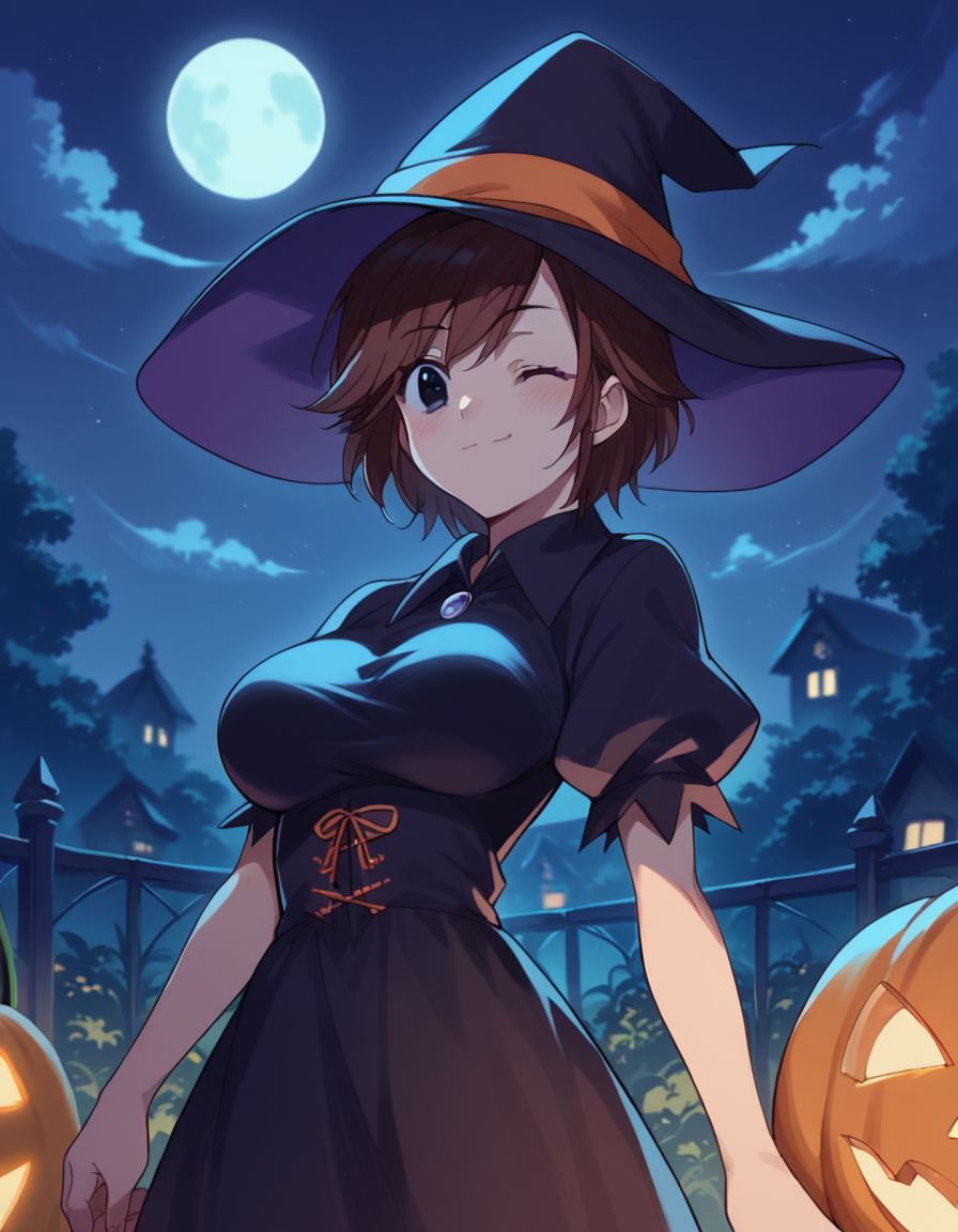 score_9, score_8_up, score_7_up, source_anime, <lora:kyouko-houin-s1-ponyxl-lora-nochekaiser:1>, kyouko houin, short hair, large breasts, brown hair, black eyes,, <lora:witch-ponyxl-lora-nochekaiser:1>, witch, hat, witch hat, dress, halloween, halloween costume, jewelry,, night, moon, blush, smile, one eye closed,, , dutch angle, cowboy shot