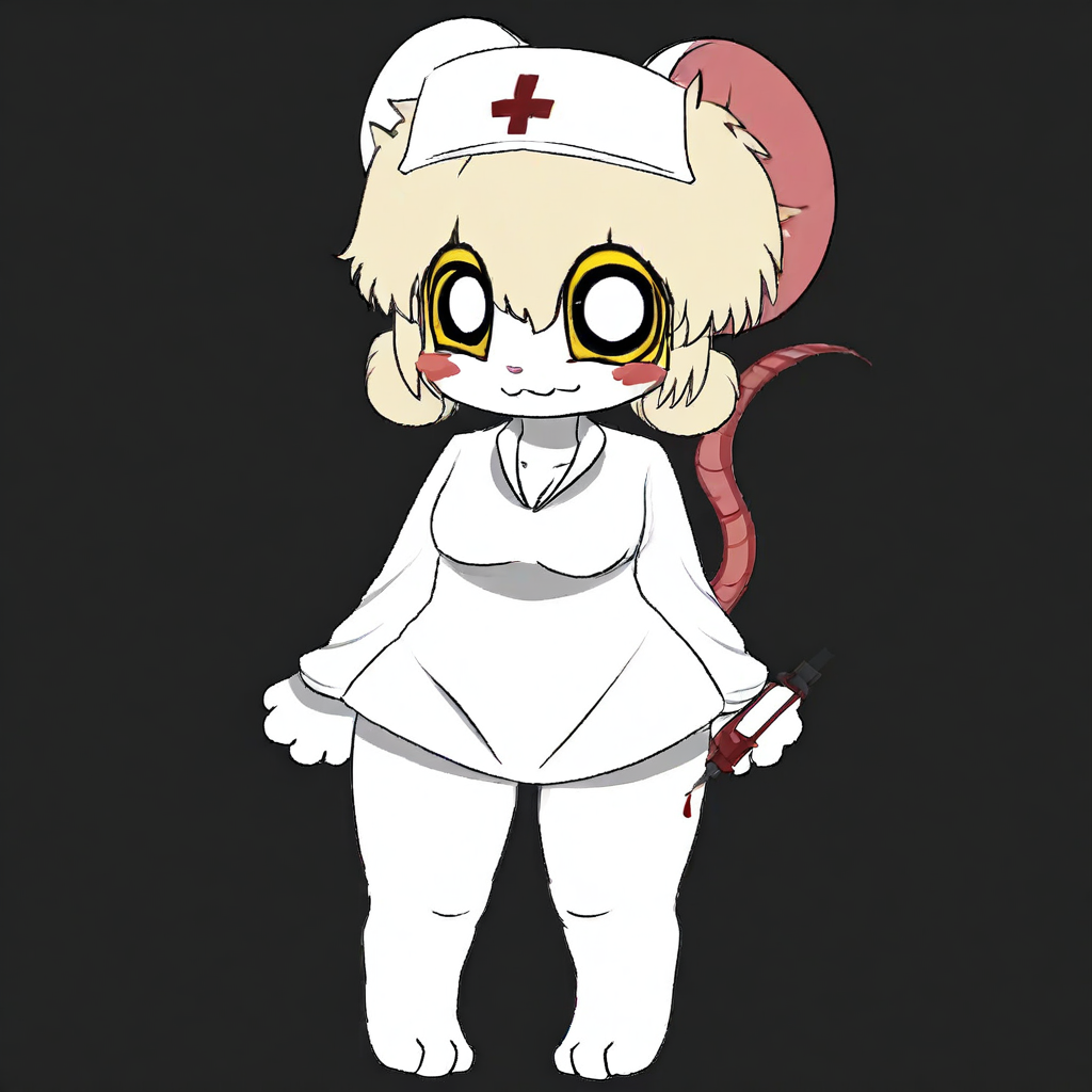 paw pads, round eyes, chibi proportions, blush stickers, furry, yellow and black eye markings, nurse uniform, blonde hair, anthro mouse, mouse tail, white body,