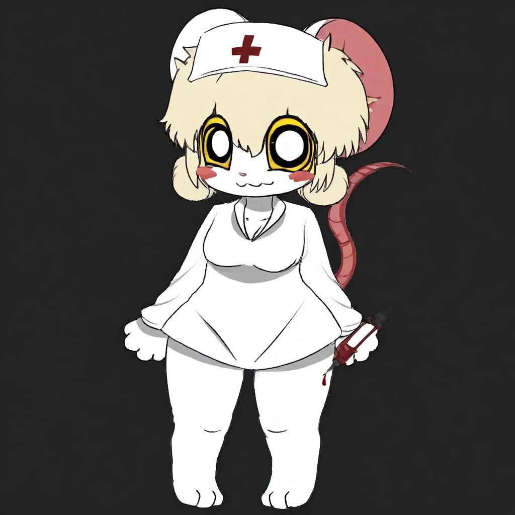 paw pads, round eyes, chibi proportions, blush stickers, furry, yellow and black eye markings, nurse uniform, blonde hair, anthro mouse, mouse tail, white body,