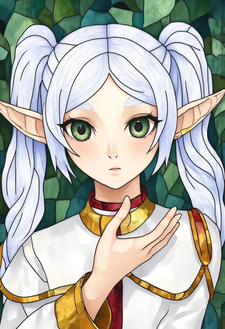 nereirfpnxl, frieren, elf, pointy ears, green eyes, white hair, twintails, stained glass style