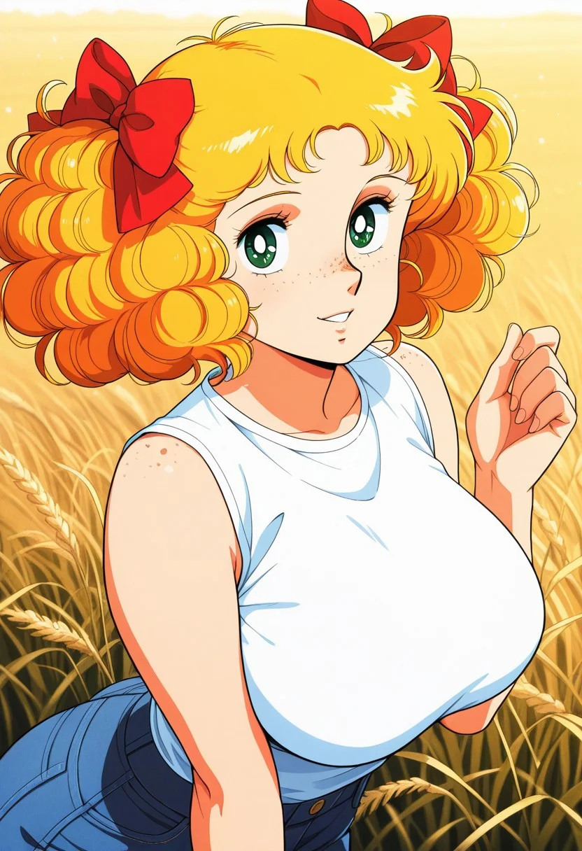 1girl, solo, Green Eyes, Blonde Hair, freckles on nose, freckles on shoulders, freckles on breasts, curled hair, curly hair, twintails, large bow, red bow, hair bow, big hips, big ass, big breasts, high resolution, more details, 8k quality, score_9, score_8_up, score_7_up, masterpiece, best quality, official art, official style, very aesthetic, absurdres, source_anime, perfect anatomy, 1980s (style), hanging eyes, perfect proportions, anatomically correct, perfect hands, perfect fingers, high resolution, more details, 8k quality, best quality, tight denim jeans, short white t-shirt, sleeveless shirt, modern look, smiling, looking at viewer, parted lips, hay field as background, close up, upper body,