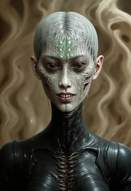Hyper-realistic extreme close-up digital portrait of an alien-like humanoid with reptilian features. The elongated bald head has smooth, pale gray skin and no visible ears. Intricate bioluminescent circuit-like patterns and glowing white tribal tattoos are etched across the scalp, face, and neck, following a symmetrical design. The small, dark, almond-shaped eyes convey ancient wisdom, featuring visible moisture and reflection. A subtle, knowing smile reveals a hint of sharp teeth. The creature wears a high-collared, form-fitting black garment, possibly leather, with angular lines and mysterious symbols. The background is filled with swirling, ethereal fog in muted golden-brown and beige tones, creating depth and an otherworldly atmosphere. The color palette includes cool grays and whites with hints of pale green in the markings. Dramatic chiaroscuro lighting emphasizes facial contours, casting gentle shadows and enhancing the three-dimensional effect. The skin texture features impeccable detail, with fine pores and a slight sheen suggesting non-human biology. The photorealistic rendering has a cinematic quality, as if captured on a high-end digital camera, with sharp focus on facial features and a slight depth of field blur towards the edges. The subject is slightly off-center, gazing directly at the viewer, evoking an eerie, mysterious, and subtly threatening mood.
