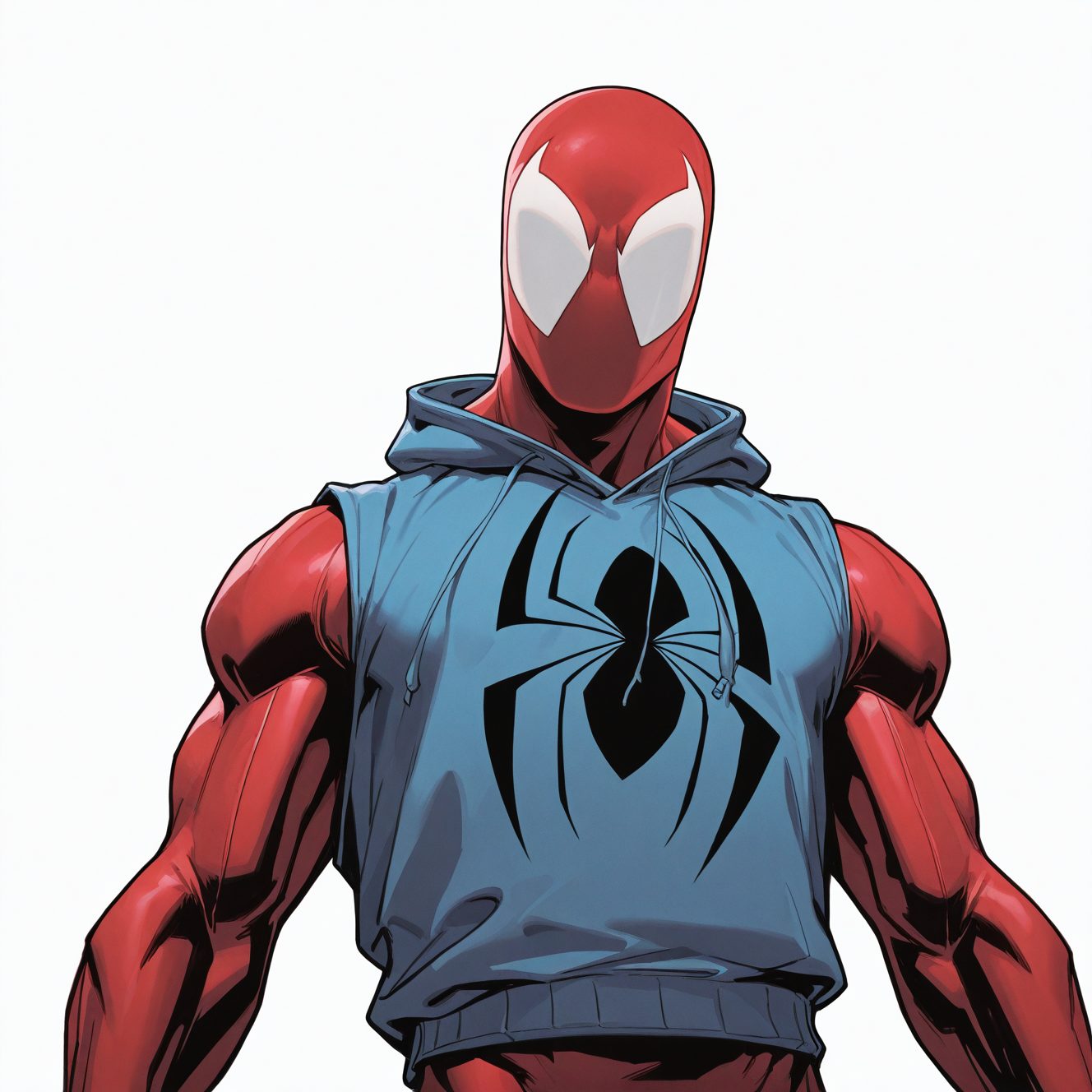 <lora:SCARLET_SPIDER:1>scarlet_spider, solo, simple background, white background, 1boy, upper body, male focus, sleeveless, hood, muscular, hoodie, mask, bodysuit, shadow, hood down, portrait, mask, meme, no pupils, blank eyes, blue hoodie, superhero, red bodysuit, sleeveless hoodie, hooded bodysuit, western comics (style), looking at viewer, looking at viewer, outdoors, muscular, tilted angle, dynamic perspective, detailed background, motion blur, film grain, abstract, natural lighting, fantasy, cinematic, dynamic view, tilted angle, very awa, masterpiece, best quality, absurdres, newest, perfect quality, detailed background, intricate details, (artist:fl \(l-fl\):0.7), (artist:tooboshoo:0.7), (artist:dizdoodz:0.8)   <lora:bulge:1> bulge
