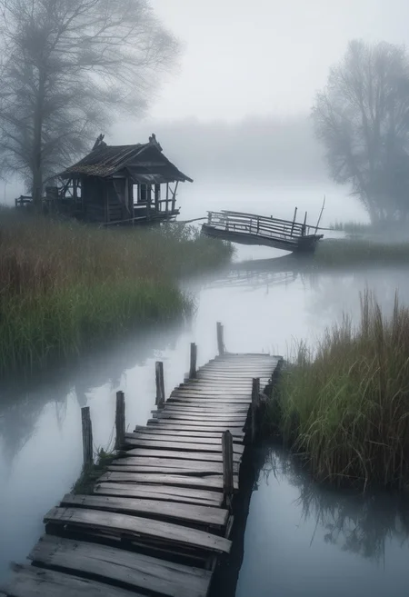 a wooden bridge that leads to a small island in the river. On the island stands a old house in slavic style, a couple of trees next to it, a half-submerged boat near the bridge. Fog rises around, a white haze around, like a veil separating from another world, style by Lovecraft, meticulous, intricate, entangled, intricately detailed