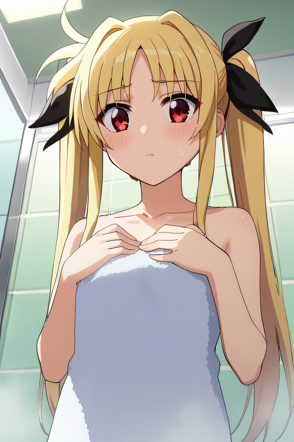 score_9, score_8_up, score_7_up, source_anime, rating_safe, intricate details, anime screencap, official style, 1girl, solo, <lora:Testarossa_Fate:1>, testarossa, red eyes, blonde hair, twintails, twin ribbons, black_hair_ribbons, towel, collarbone, blush, embarrased, cowboy shot, from below, hand on chest, indoor, bathroom, looking at viewer