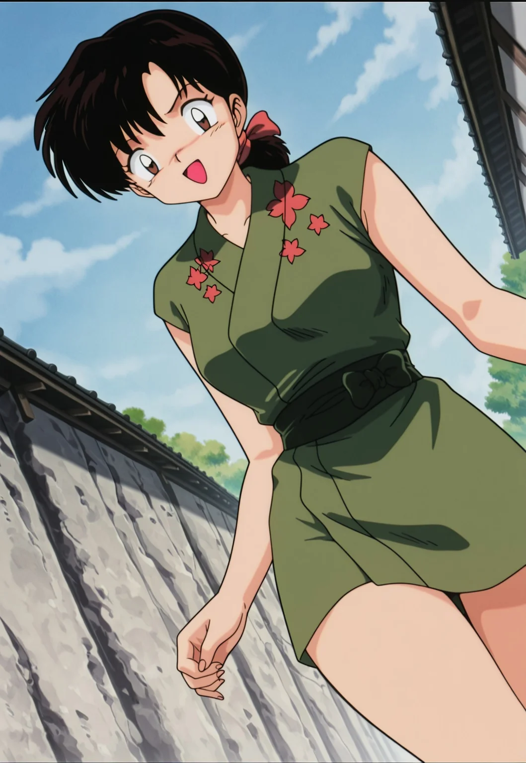 masterpiece, best quality, amazing quality, amazing quality,very aesthetic,absurdres,best quality,newest,masterpiece, breasts, anime screencap, anime artstyle, happy, breasts, anime screencap, anime coloring,safe_pos, safe_pos, score_9, score_8_up, score_7_up,dynamic angle, looking at viewer, inuyasha, nazuna,black hair, ponytail, brown eyes, ribbon, retro artstyle, japanese clothes, kimono,
