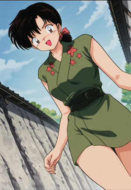 masterpiece, best quality, amazing quality, amazing quality,very aesthetic,absurdres,best quality,newest,masterpiece, breasts, anime screencap, anime artstyle, happy, breasts, anime screencap, anime coloring,safe_pos, safe_pos, score_9, score_8_up, score_7_up,dynamic angle, looking at viewer, inuyasha, nazuna,black hair, ponytail, brown eyes, ribbon, retro artstyle, japanese clothes, kimono,